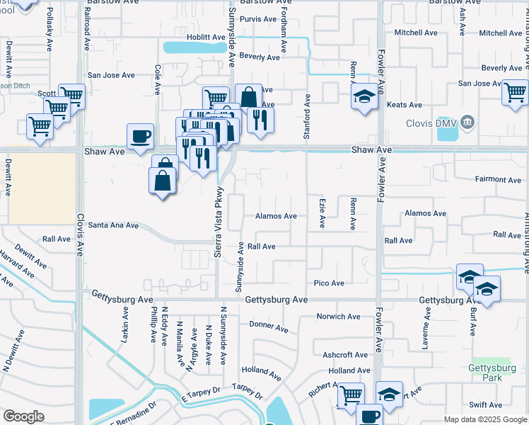 map of restaurants, bars, coffee shops, grocery stores, and more near 2290 Miami Avenue in Clovis
