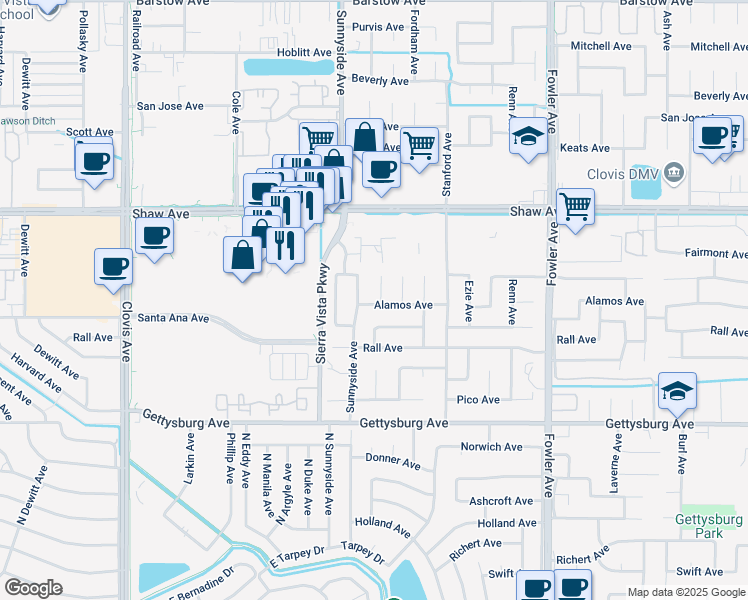 map of restaurants, bars, coffee shops, grocery stores, and more near 2290 Miami Avenue in Clovis