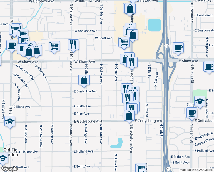 map of restaurants, bars, coffee shops, grocery stores, and more near 4832 North Del Mar Avenue in Fresno