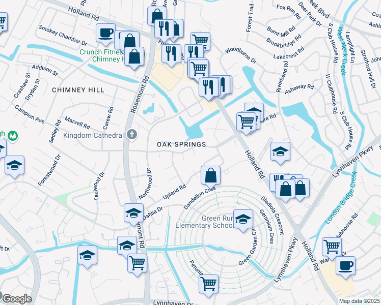 map of restaurants, bars, coffee shops, grocery stores, and more near 901 Larkhaven Lane in Virginia Beach