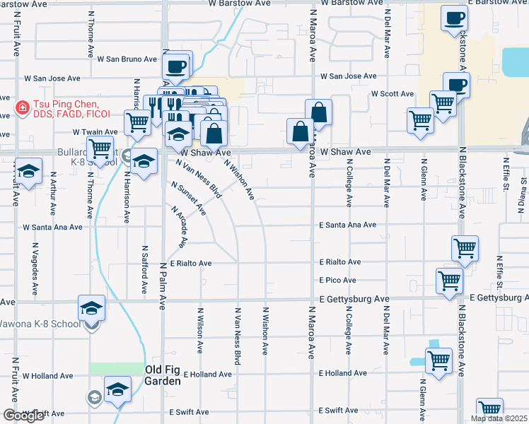 map of restaurants, bars, coffee shops, grocery stores, and more near 4834 North Wishon Avenue in Fresno