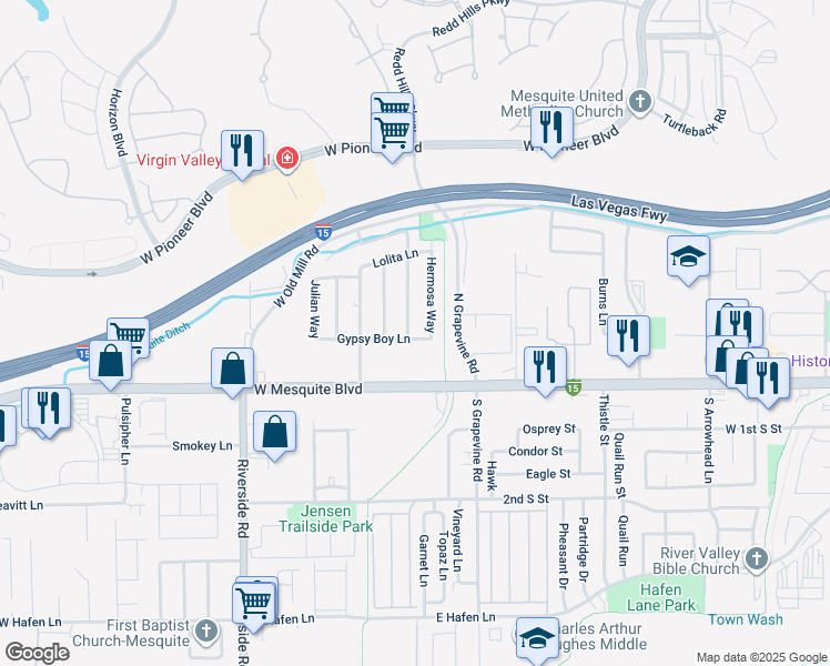 map of restaurants, bars, coffee shops, grocery stores, and more near 120 Wildfang Way in Mesquite
