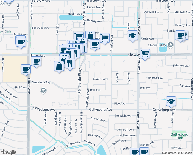 map of restaurants, bars, coffee shops, grocery stores, and more near 2290 Miami Avenue in Clovis