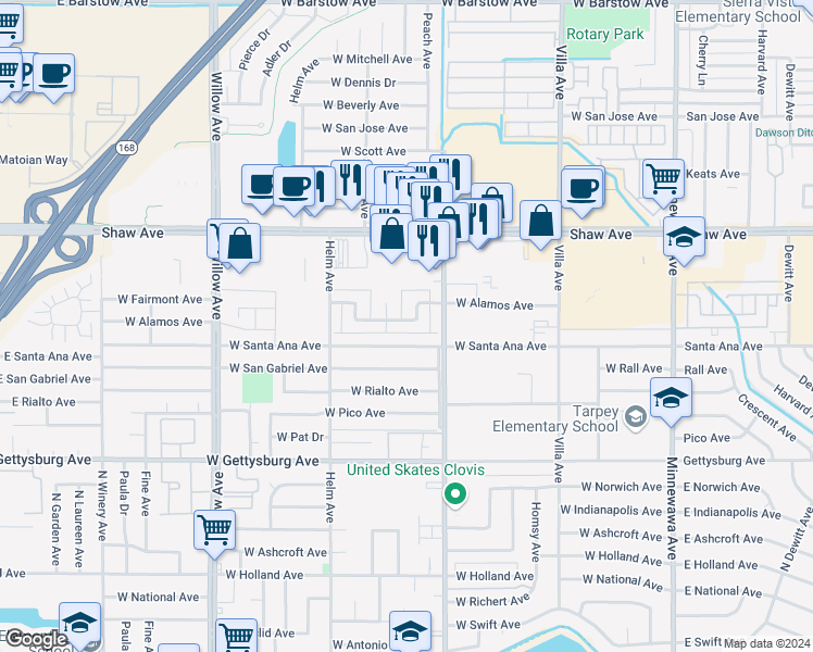 map of restaurants, bars, coffee shops, grocery stores, and more near 460 West Alamos Avenue in Clovis