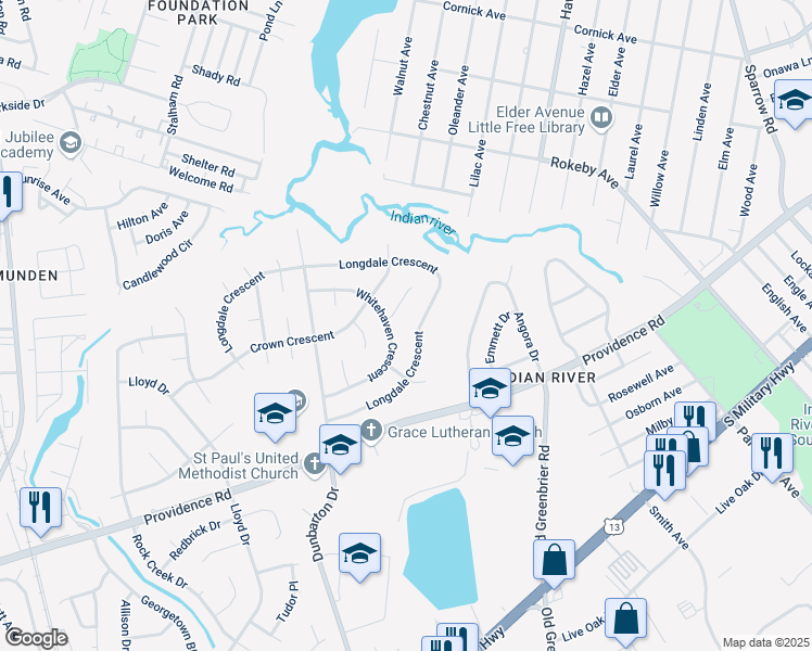 map of restaurants, bars, coffee shops, grocery stores, and more near 548 Whitehaven Crescent in Chesapeake