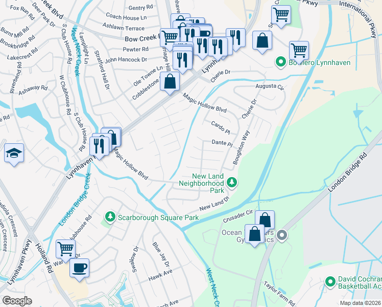 map of restaurants, bars, coffee shops, grocery stores, and more near 2940 Durbin Place in Virginia Beach