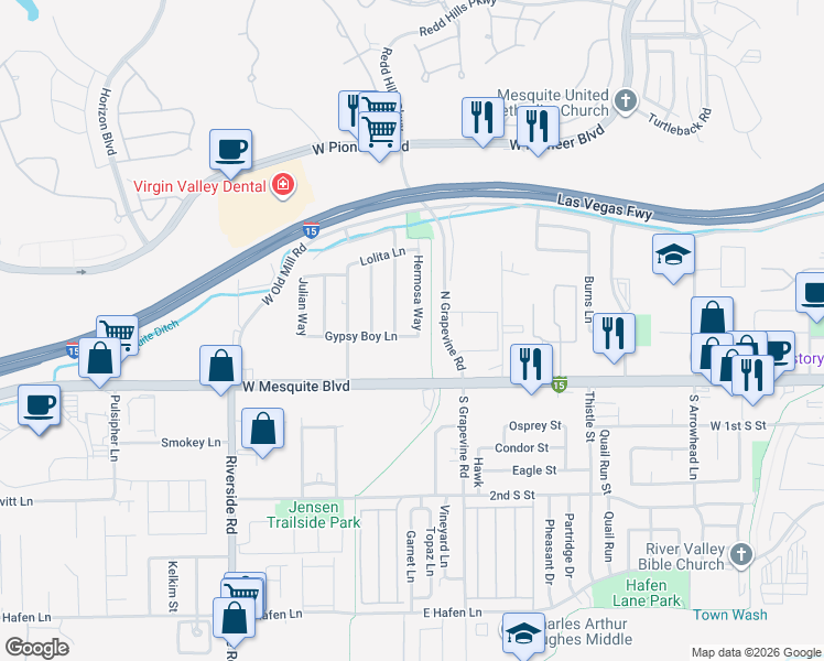 map of restaurants, bars, coffee shops, grocery stores, and more near 121 Hermosa Way in Mesquite