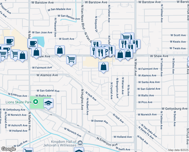 map of restaurants, bars, coffee shops, grocery stores, and more near 4852 North Hulbert Avenue in Fresno