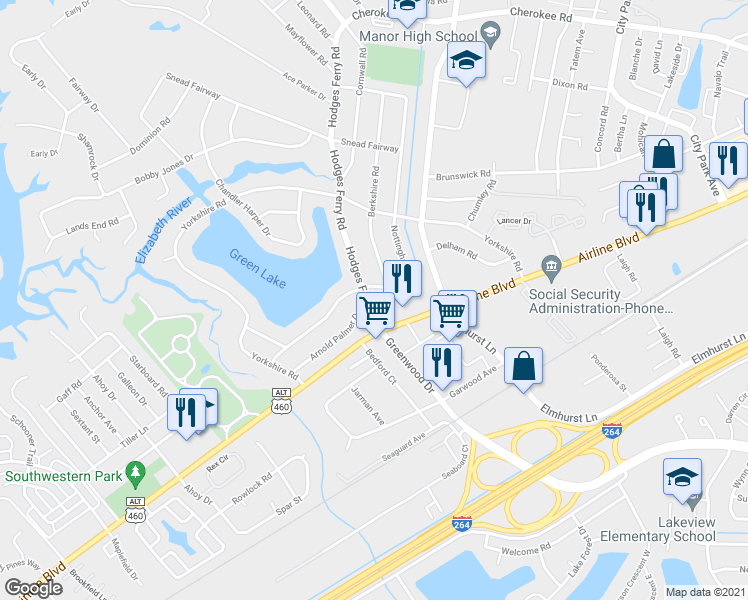 map of restaurants, bars, coffee shops, grocery stores, and more near 1811 Hodges Ferry Road in Portsmouth