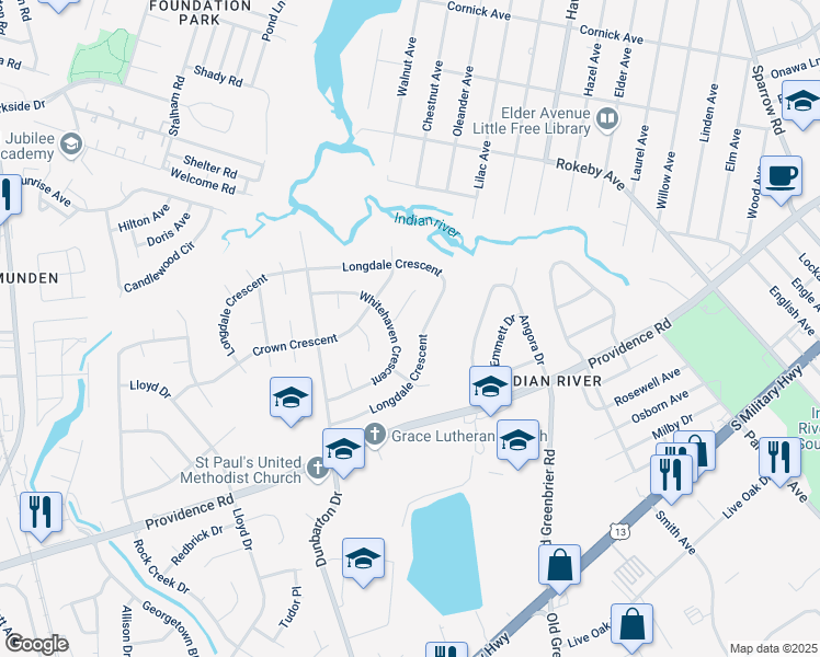 map of restaurants, bars, coffee shops, grocery stores, and more near 548 Whitehaven Crescent in Chesapeake