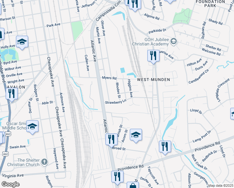 map of restaurants, bars, coffee shops, grocery stores, and more near 1632 Rhodes Street in Chesapeake