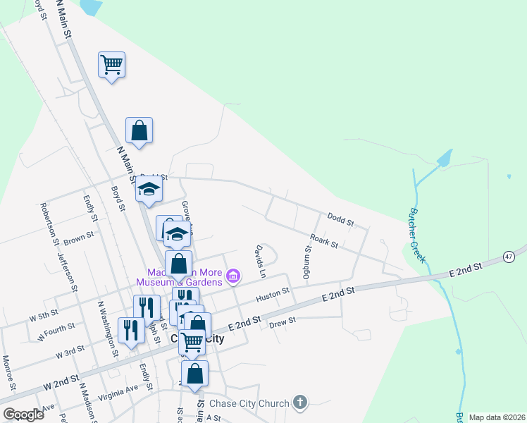 map of restaurants, bars, coffee shops, grocery stores, and more near 560 Harvey's Lane in Chase City