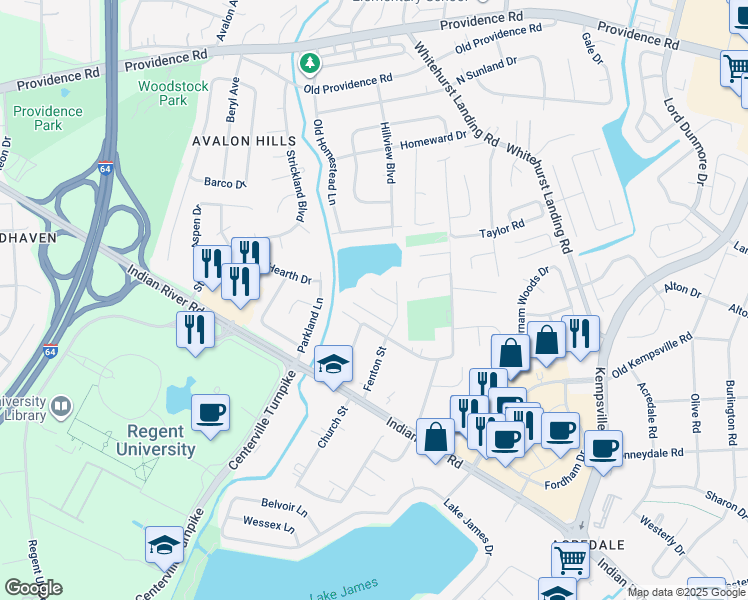 map of restaurants, bars, coffee shops, grocery stores, and more near 5521 Samuelson Court in Virginia Beach