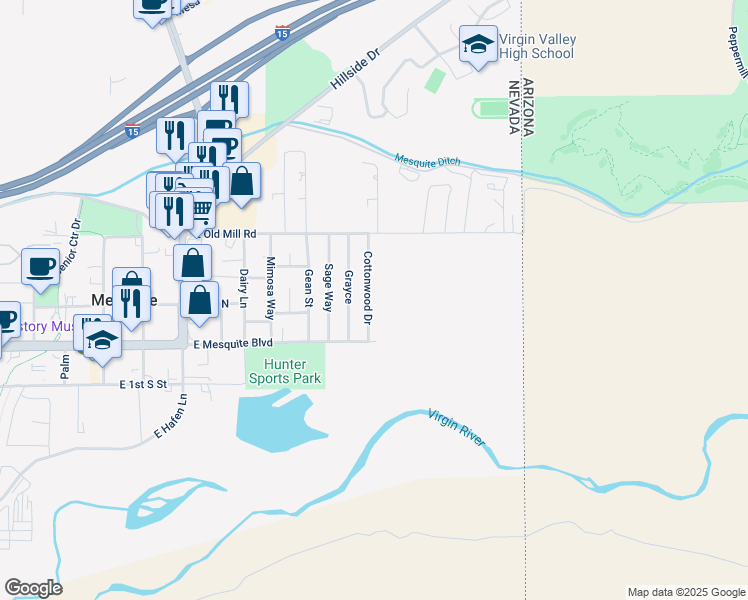 map of restaurants, bars, coffee shops, grocery stores, and more near 115 Cottonwood Drive in Mesquite