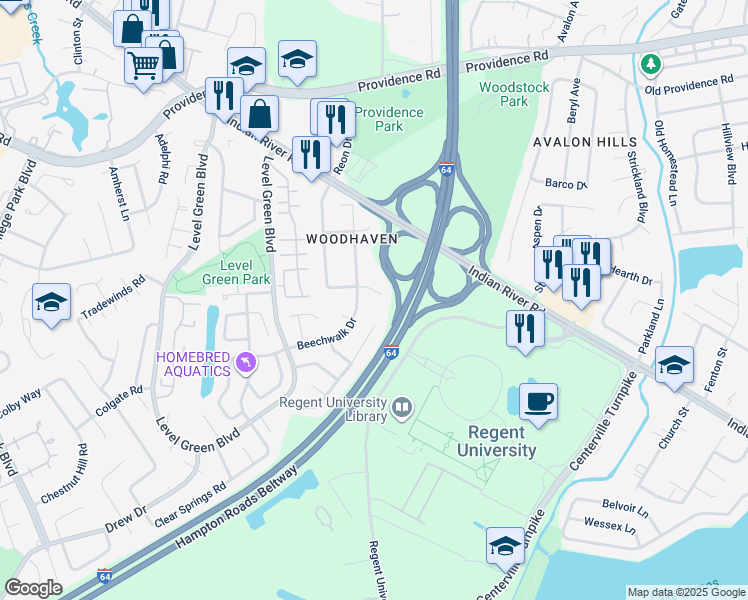 map of restaurants, bars, coffee shops, grocery stores, and more near 5817 Reon Court in Virginia Beach
