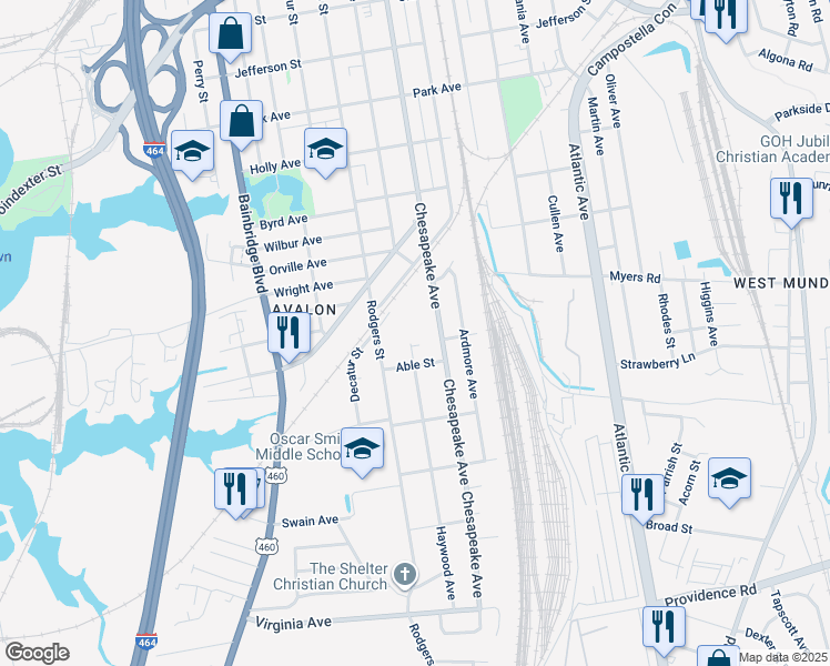 map of restaurants, bars, coffee shops, grocery stores, and more near 2021 Haywood Avenue in Chesapeake