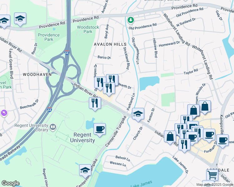 map of restaurants, bars, coffee shops, grocery stores, and more near 5653 Hearth Circle in Virginia Beach