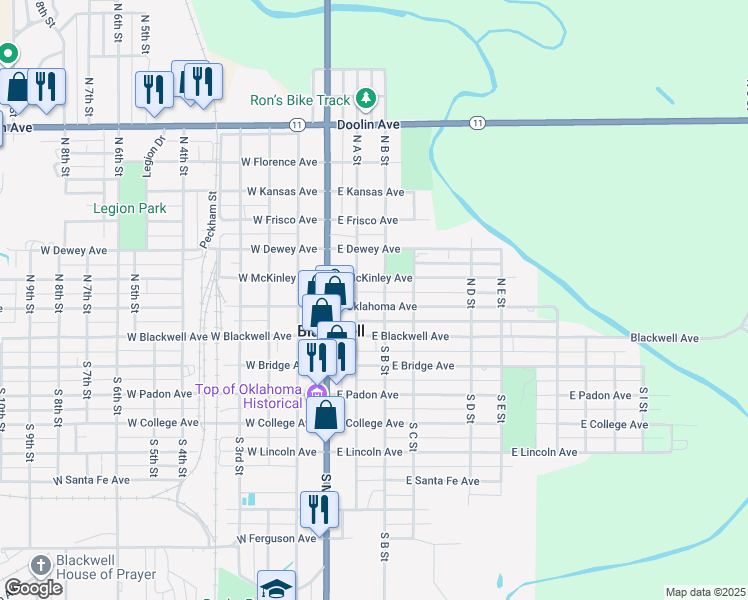 map of restaurants, bars, coffee shops, grocery stores, and more near 212 East Oklahoma Avenue in Blackwell