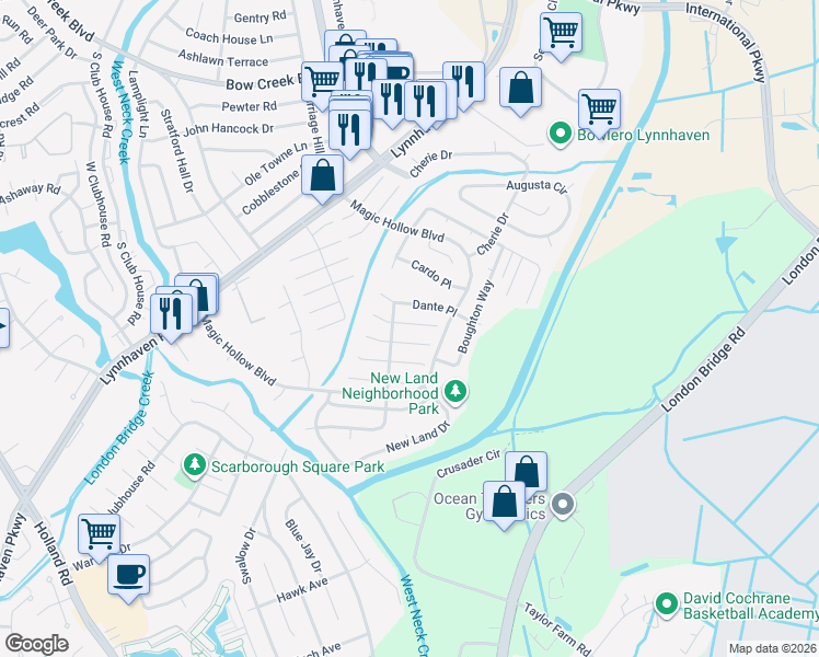 map of restaurants, bars, coffee shops, grocery stores, and more near 2917 Dubois Place in Virginia Beach