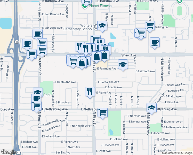 map of restaurants, bars, coffee shops, grocery stores, and more near 104 East Santa Ana Avenue in Fresno