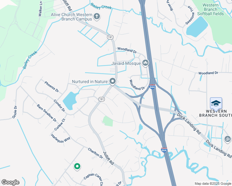 map of restaurants, bars, coffee shops, grocery stores, and more near 1708 Wampler Place in Chesapeake