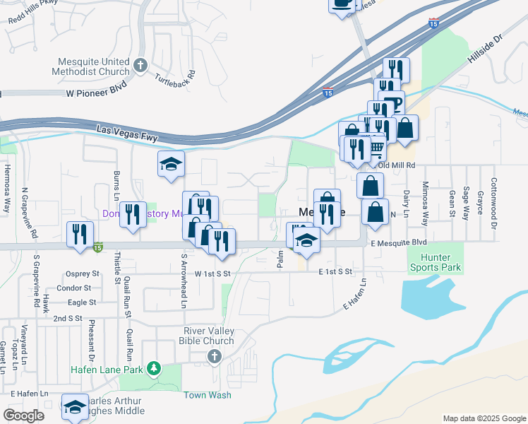 map of restaurants, bars, coffee shops, grocery stores, and more near 160 West 1st North Street in Mesquite