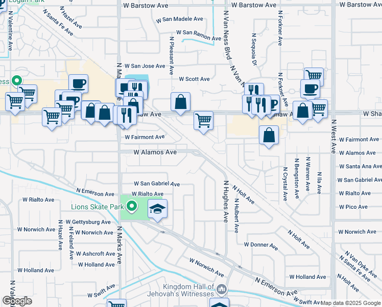 map of restaurants, bars, coffee shops, grocery stores, and more near 2407 West Alamos Avenue in Fresno