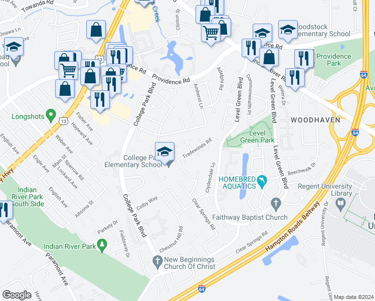 map of restaurants, bars, coffee shops, grocery stores, and more near 6101 Tradewinds Court in Virginia Beach
