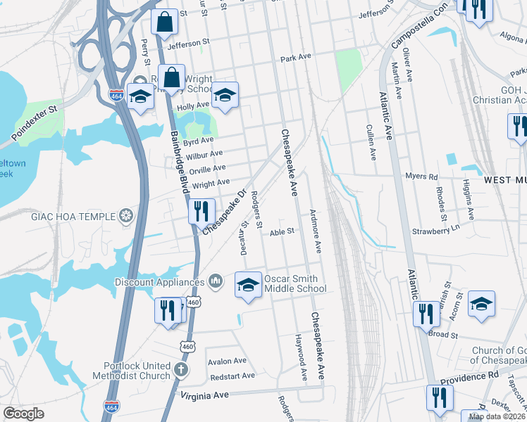 map of restaurants, bars, coffee shops, grocery stores, and more near 2103 Rodgers Street in Chesapeake
