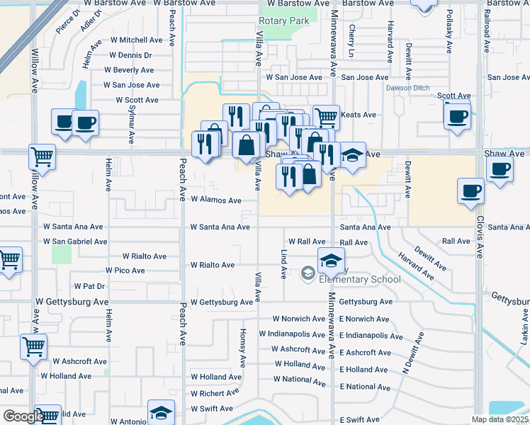 map of restaurants, bars, coffee shops, grocery stores, and more near 2331 Villa Avenue in Clovis