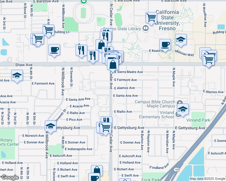 map of restaurants, bars, coffee shops, grocery stores, and more near 4836 North Cedar Avenue in Fresno