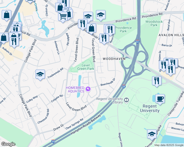 map of restaurants, bars, coffee shops, grocery stores, and more near 5917 Clear Springs Court in Virginia Beach