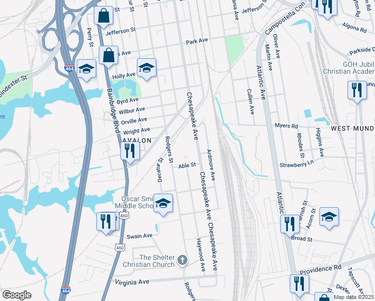 map of restaurants, bars, coffee shops, grocery stores, and more near 2021 Haywood Avenue in Chesapeake