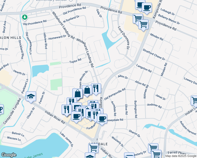 map of restaurants, bars, coffee shops, grocery stores, and more near 1105 Mecklen Lane in Virginia Beach