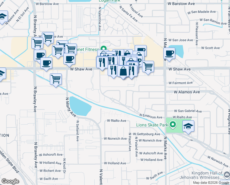 map of restaurants, bars, coffee shops, grocery stores, and more near 3315 W Alamos Ave in Fresno
