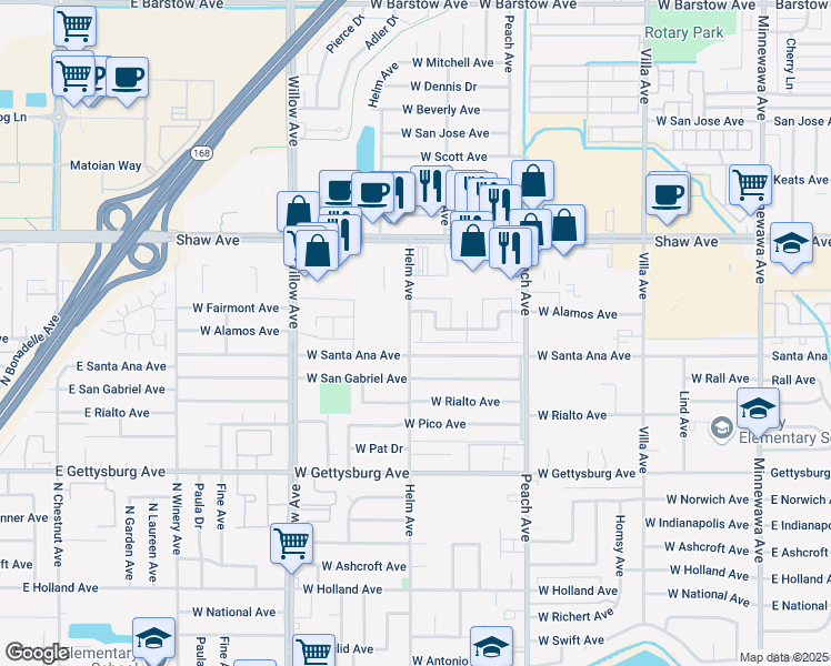 map of restaurants, bars, coffee shops, grocery stores, and more near 2311 Helm Avenue in Clovis