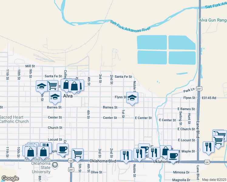 map of restaurants, bars, coffee shops, grocery stores, and more near 113 Choctaw Street in Alva