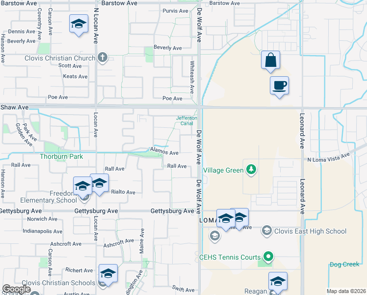 map of restaurants, bars, coffee shops, grocery stores, and more near 2267 Graybark Avenue in Clovis