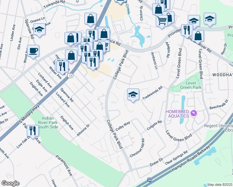 map of restaurants, bars, coffee shops, grocery stores, and more near 6344 Barnard Way in Virginia Beach