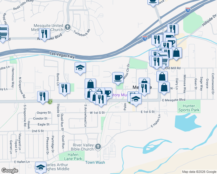map of restaurants, bars, coffee shops, grocery stores, and more near 261 West 1st North Street in Mesquite