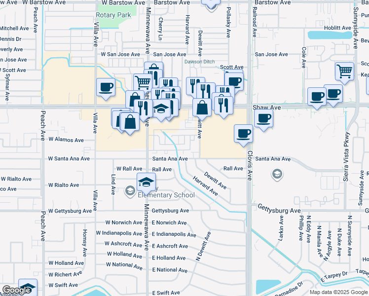 map of restaurants, bars, coffee shops, grocery stores, and more near 240 Alamos Avenue in Clovis