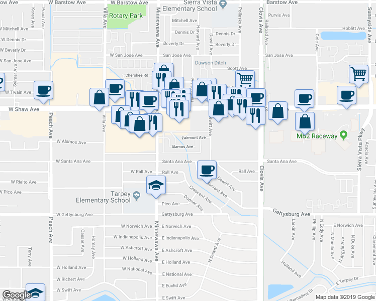 map of restaurants, bars, coffee shops, grocery stores, and more near 240 Alamos Avenue in Clovis