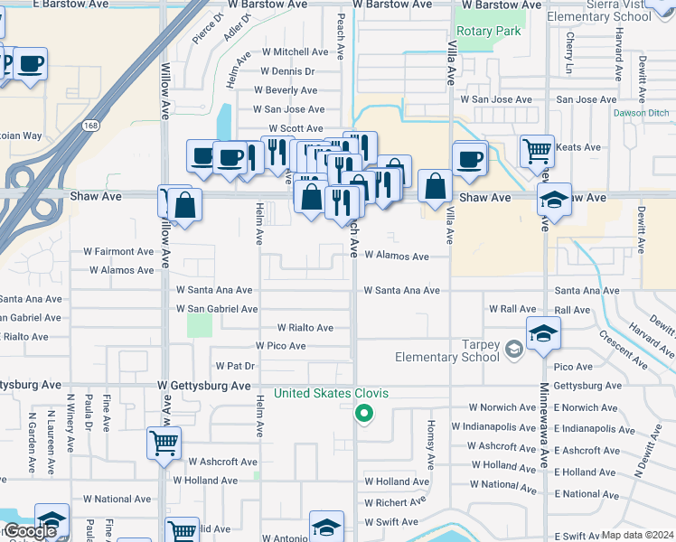 map of restaurants, bars, coffee shops, grocery stores, and more near 460 West Alamos Avenue in Clovis