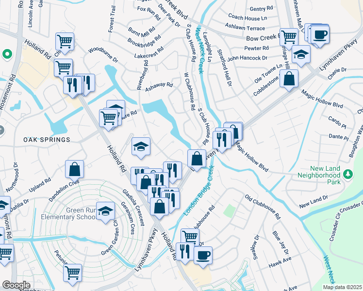 map of restaurants, bars, coffee shops, grocery stores, and more near 3209 Turtle Rock Drive in Virginia Beach