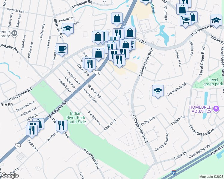 map of restaurants, bars, coffee shops, grocery stores, and more near 107 Hayward Avenue in Chesapeake