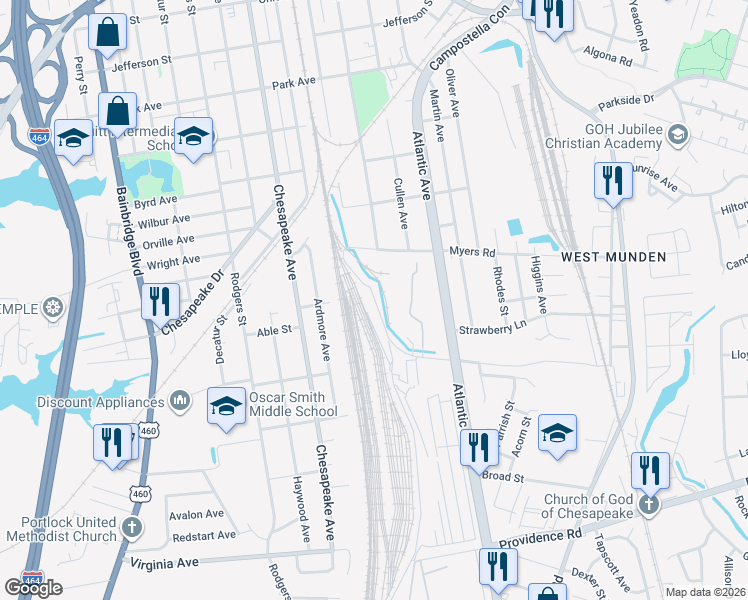 map of restaurants, bars, coffee shops, grocery stores, and more near in Chesapeake