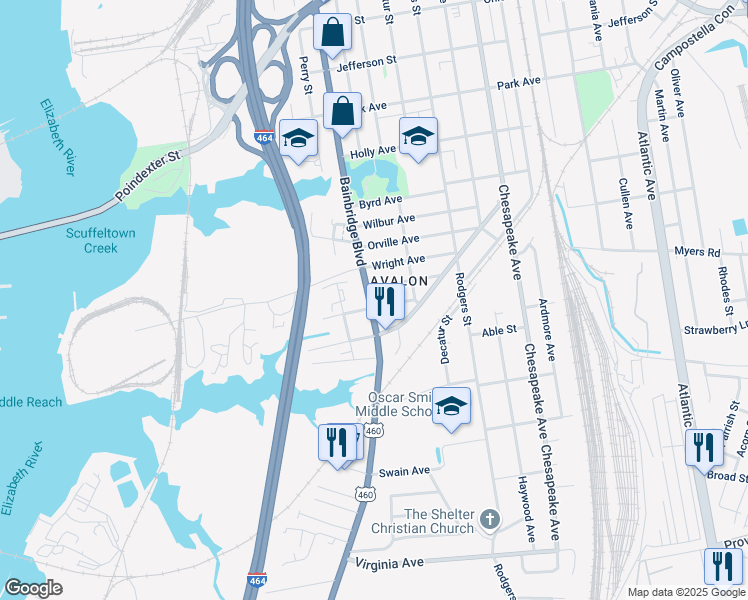 map of restaurants, bars, coffee shops, grocery stores, and more near 719 Post Avenue in Chesapeake