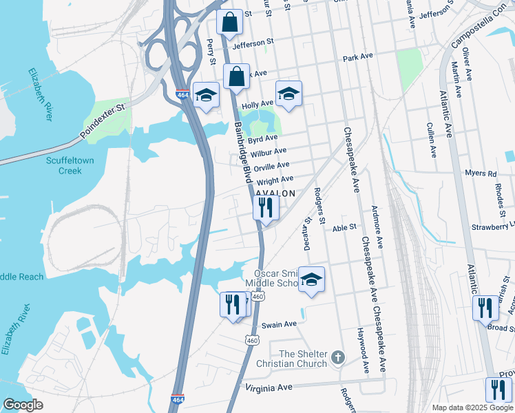 map of restaurants, bars, coffee shops, grocery stores, and more near 719 Post Avenue in Chesapeake