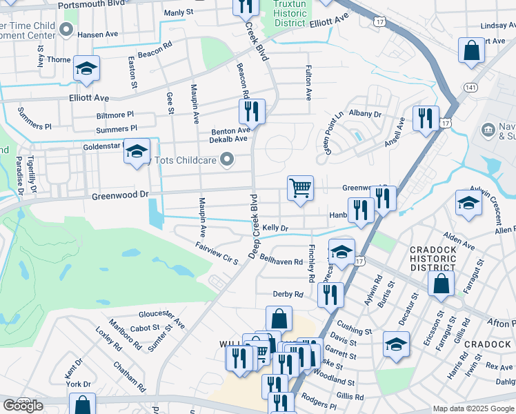 map of restaurants, bars, coffee shops, grocery stores, and more near 4017 Deep Creek Boulevard in Portsmouth