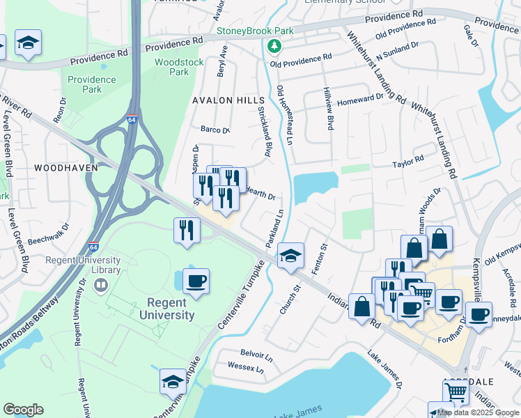 map of restaurants, bars, coffee shops, grocery stores, and more near 5616 Parkland Court in Virginia Beach